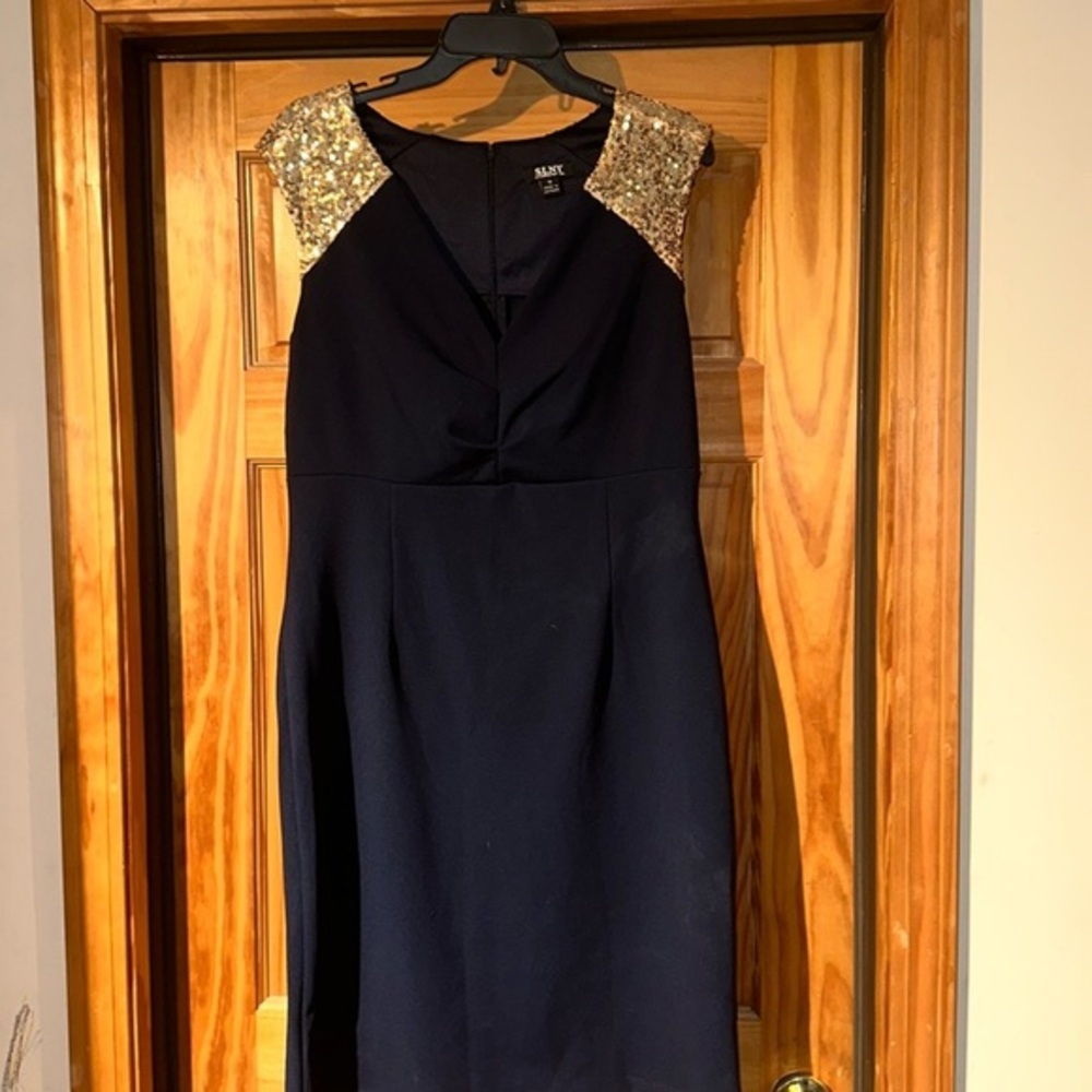SLNY Blue and Gold Sheath Maxi Dress Halter Sleeveless